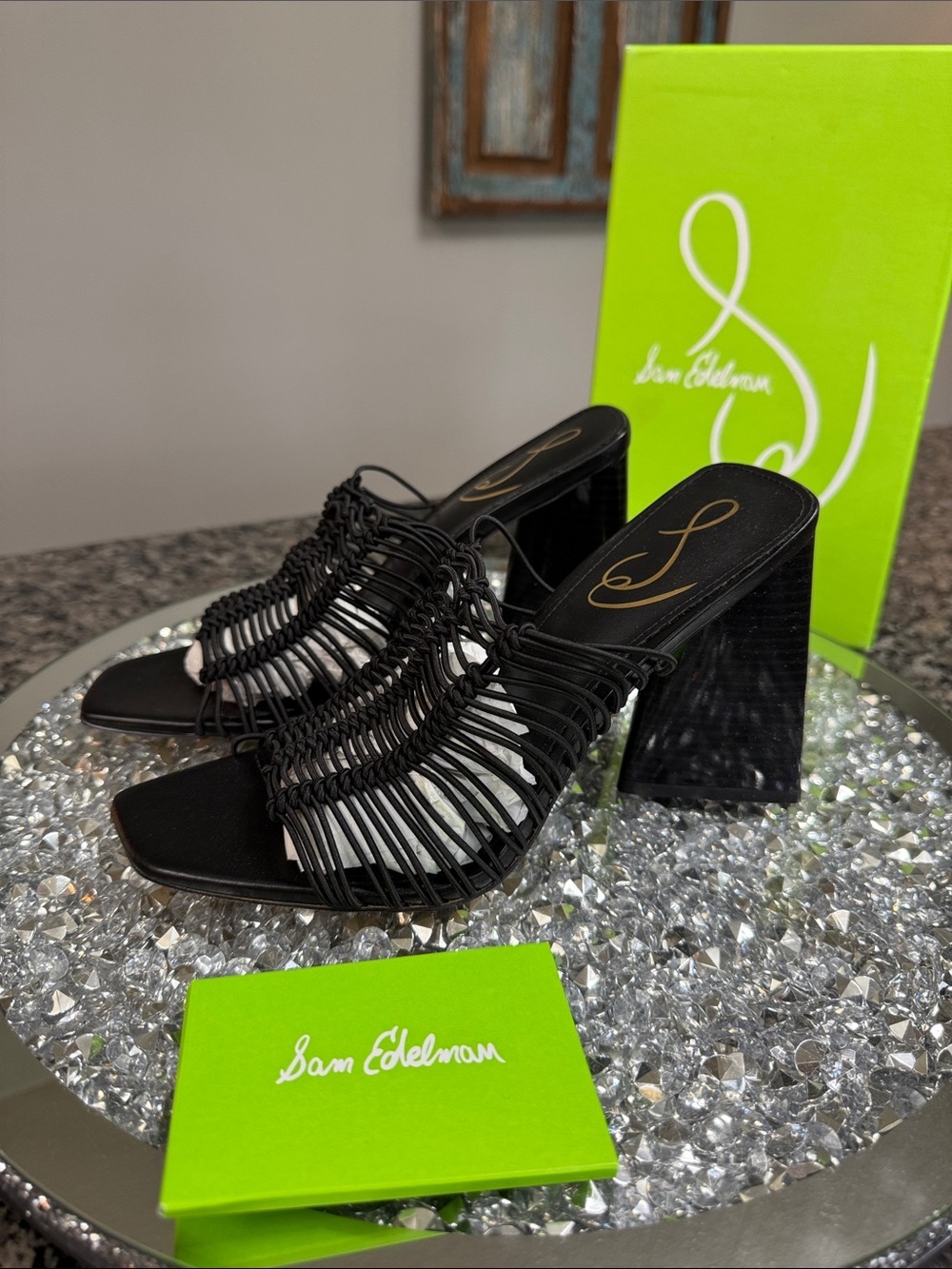 Sam Edelman Black Woven Strap Block Heel Mules NEW 7.5